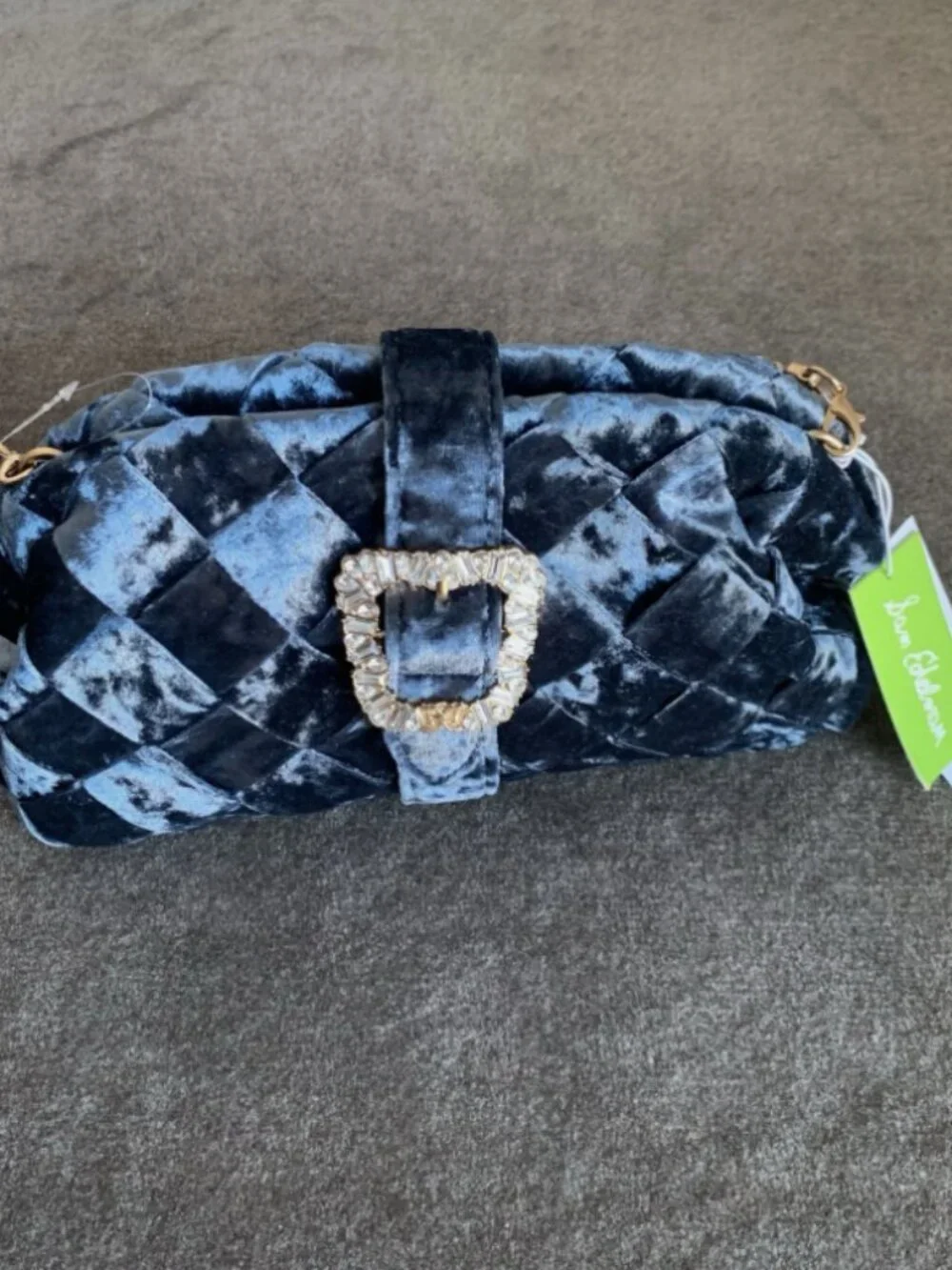 Sam Edelman Brit Frame Clutch Bag Velvet Shoulder Blue Jeweled Chain Strap